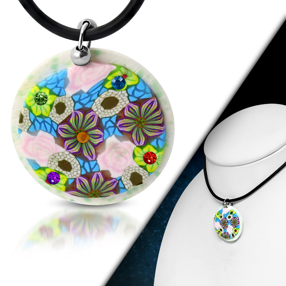 Fashion Fimo/ Polymer Clay Rose Flower Circle Charm Necklace w/ Colorful CZ