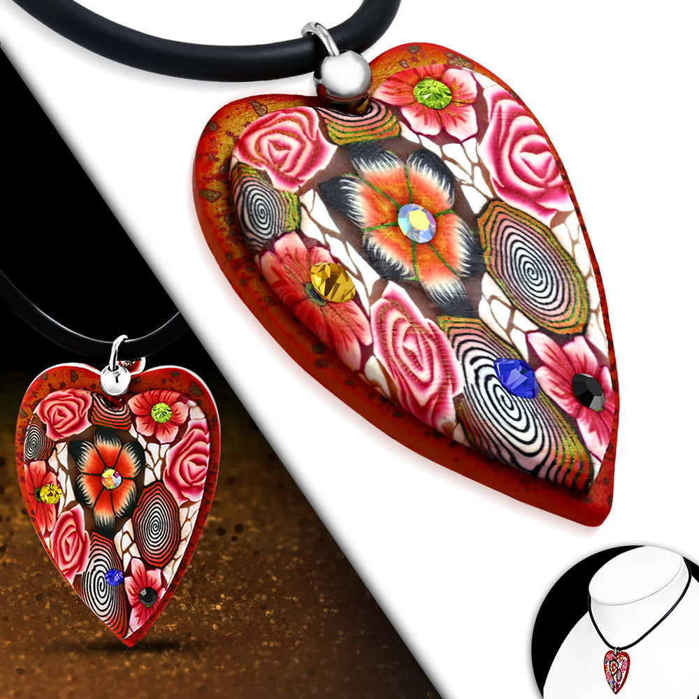 Fashion Fimo/ Polymer Clay Rose Flower Love Heart Charm Necklace w/ Colorful CZ