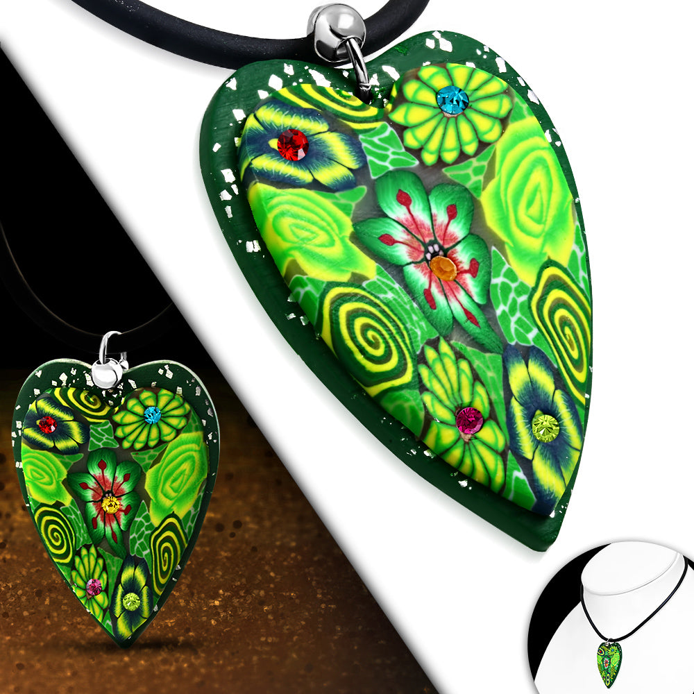 Fashion Fimo/ Polymer Clay Rose Flower Love Heart Charm Necklace w/ Colorful CZ