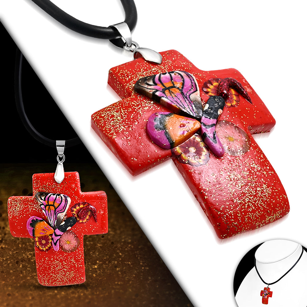 Fashion Fimo/ Polymer Clay Butterfly Flower Cross Charm Necklace