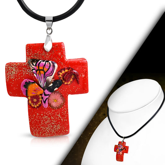 Fashion Fimo/ Polymer Clay Butterfly Flower Cross Charm Necklace