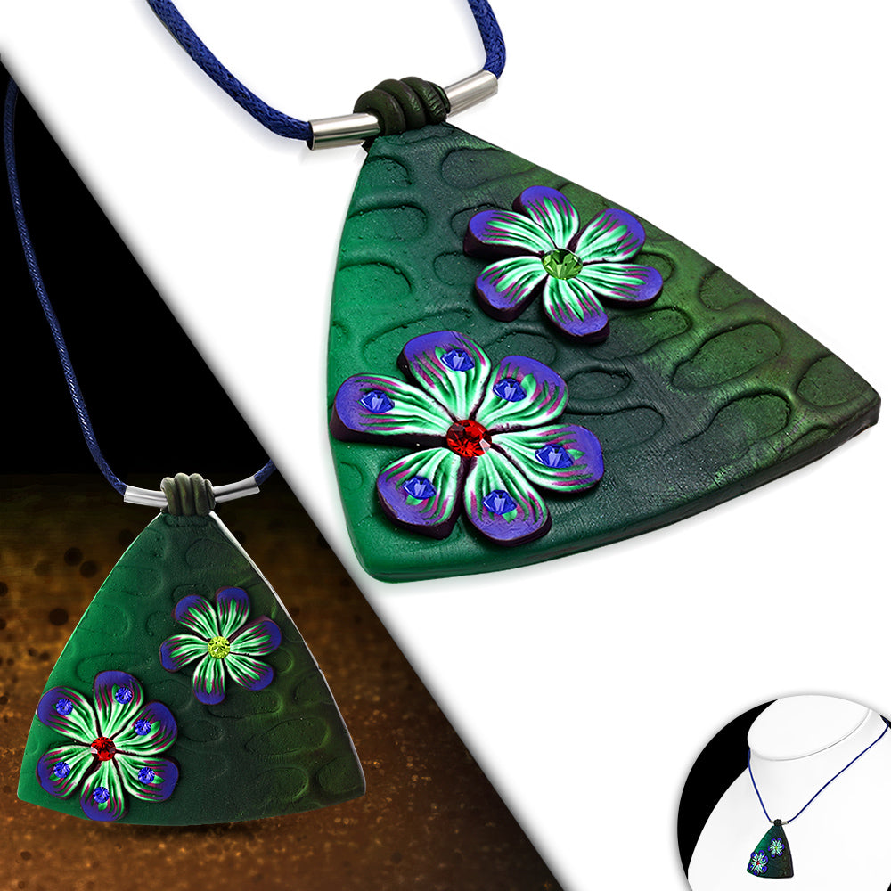 Fashion Fimo/ Polymer Clay Flower Triangle Charm Necklace w/ Colorful CZ