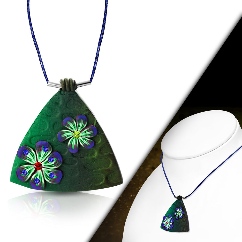 Fashion Fimo/ Polymer Clay Flower Triangle Charm Necklace w/ Colorful CZ