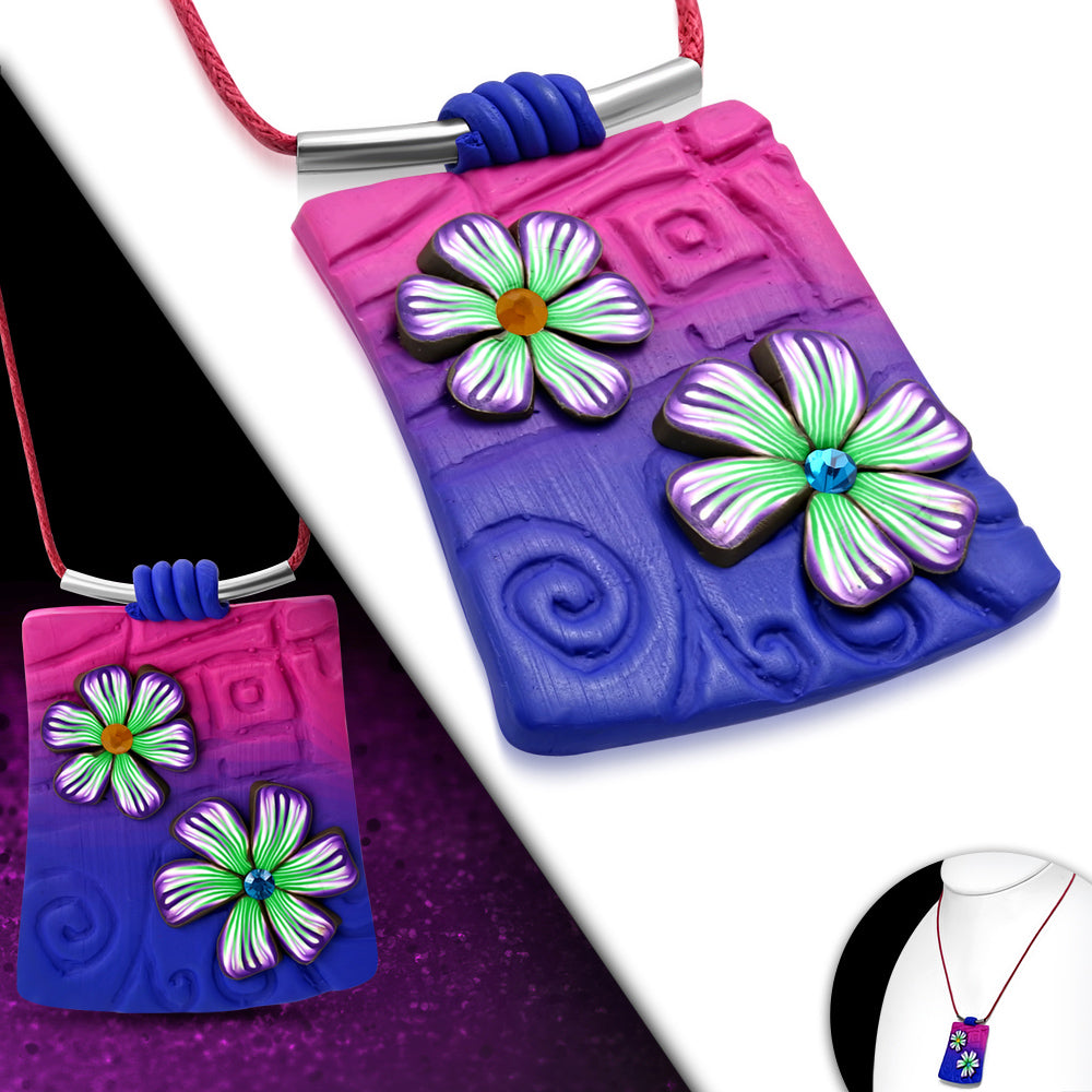 Fashion Fimo/ Polymer Clay Flower Tag Charm Necklace w/ Colorful CZ