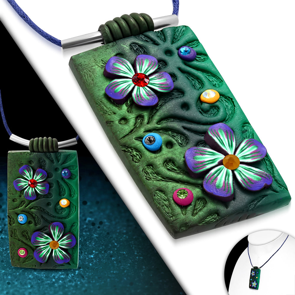 Fashion Fimo/ Polymer Clay Flower Tag Charm Necklace w/ Clear & Colorful CZ
