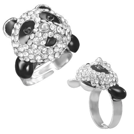 Free Size Fashion Alloy Crystal Pretty Panda Cocktail Ring w/ Clear & Jet Black CZ