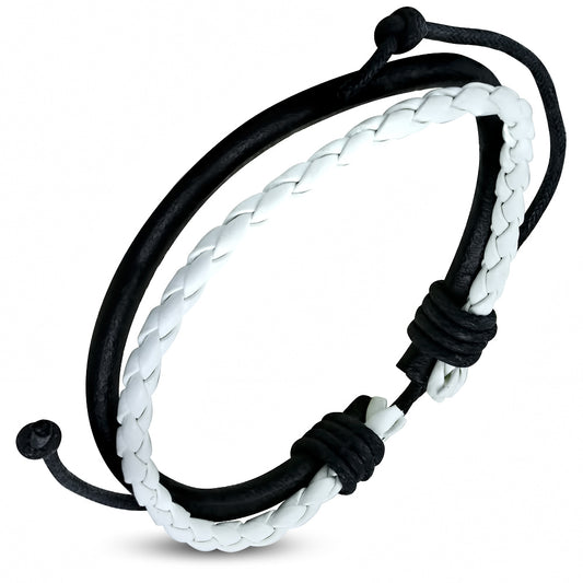 Fashion Double Multi Wrap Rope Braided Adjustable White & Black Leather Bracelet