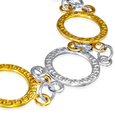 Stainless Steel 2-tone Fancy Greek Key Circle Link Chain Bracelet