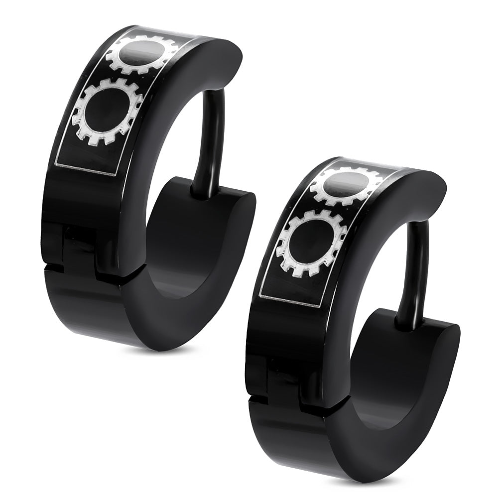 4mm | Black Stainless Steel 2-tone Laser Gear Hoop Huggie Earrings (pair)