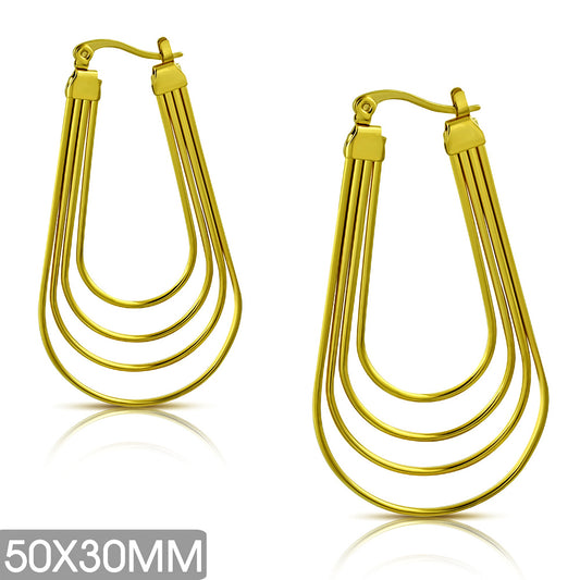 50x30mm | Gold Color Plated Stainless Steel Concentric Oval Hoop Clip Back Earrings (pair)