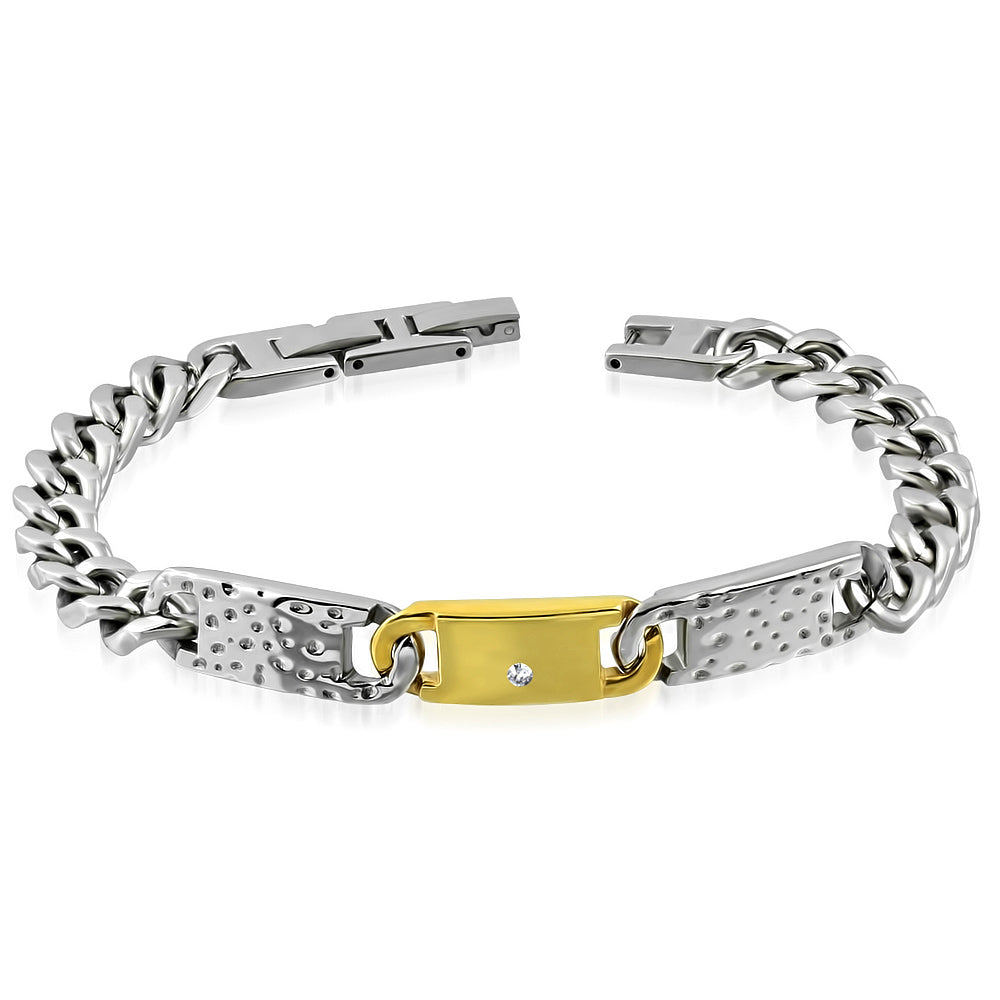 Stainless Steel 2-tone Hammered Watch-Style Curb Cuban Link Bracelet w/ Clear