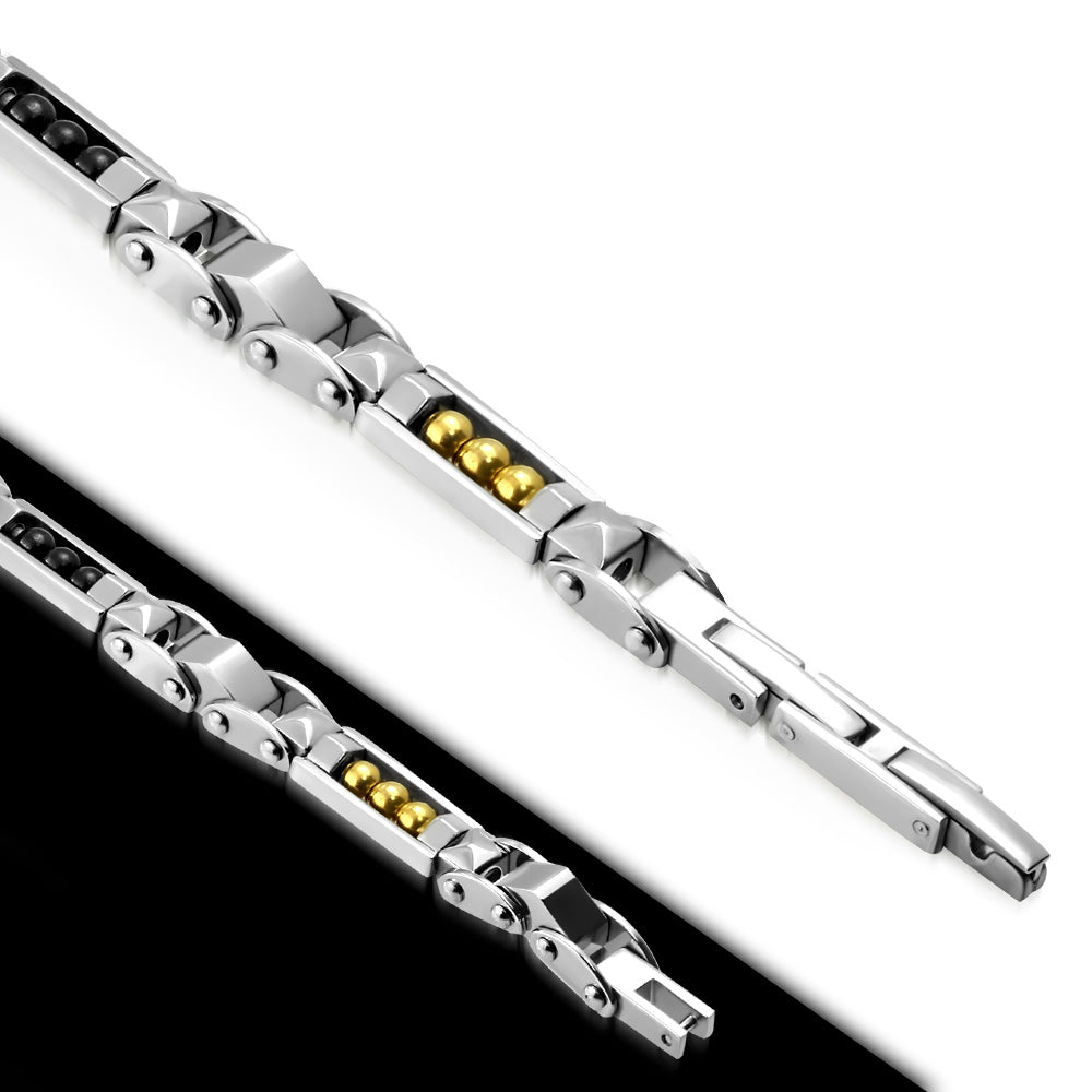 L20cm W6mm | Stainless Steel 3-tone Metal Ball Geometric Mens Link Bracelet