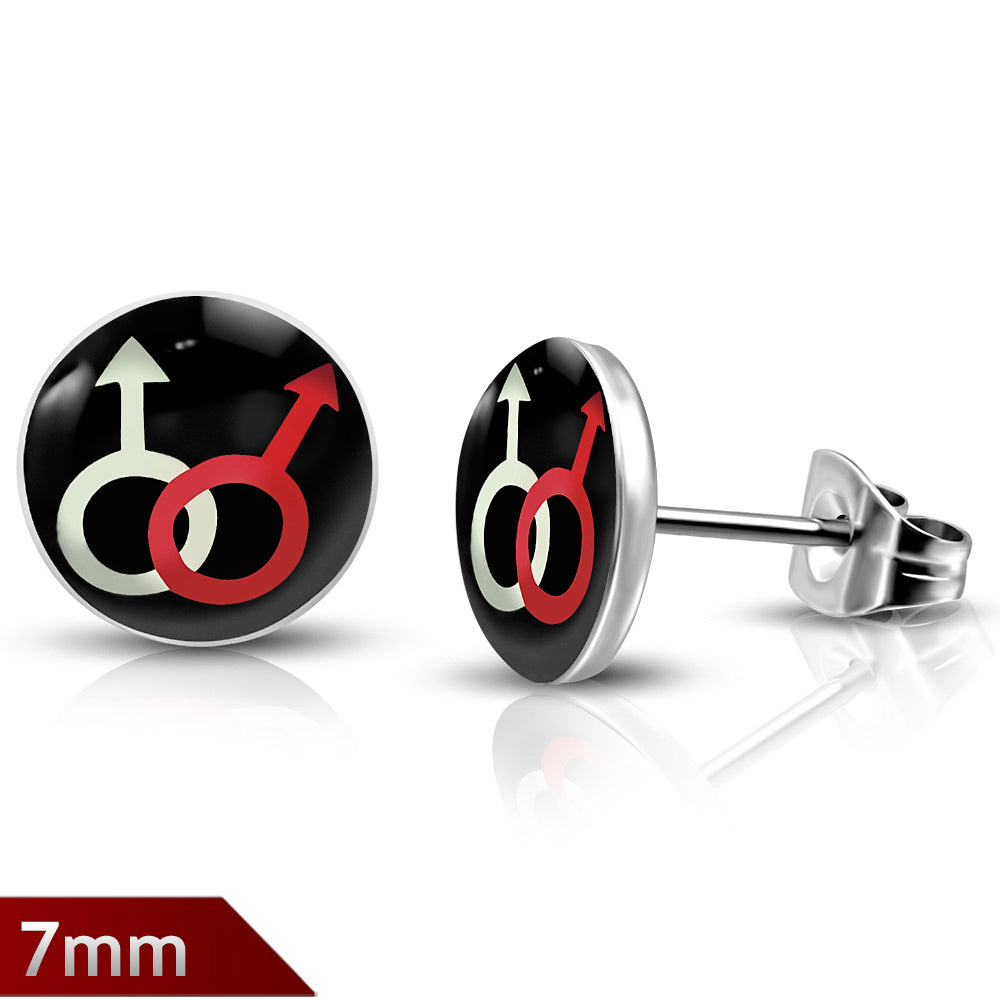 7mm | Stainless Steel 3-tone Male Gender Symbol Circle Stud Earrings (Pair)