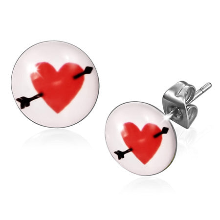 7mm | Stainless Steel 3-tone Love Heart Cupid Arrow Circle Stud Earrings (pair)