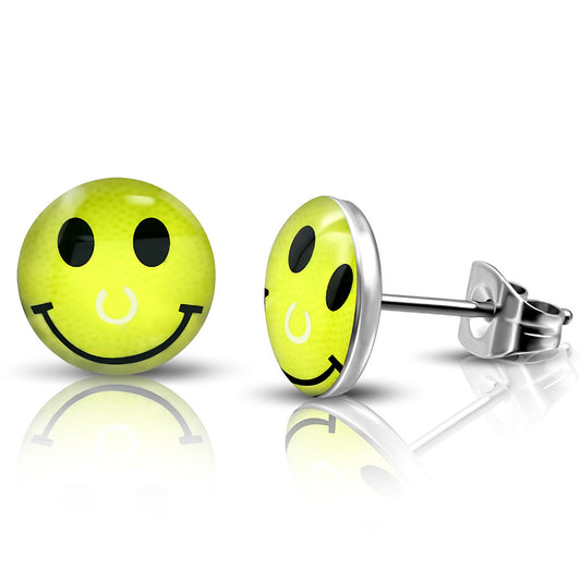 7mm | Stainless Steel 2-tone Happy Face Circle Stud Earrings (pair)