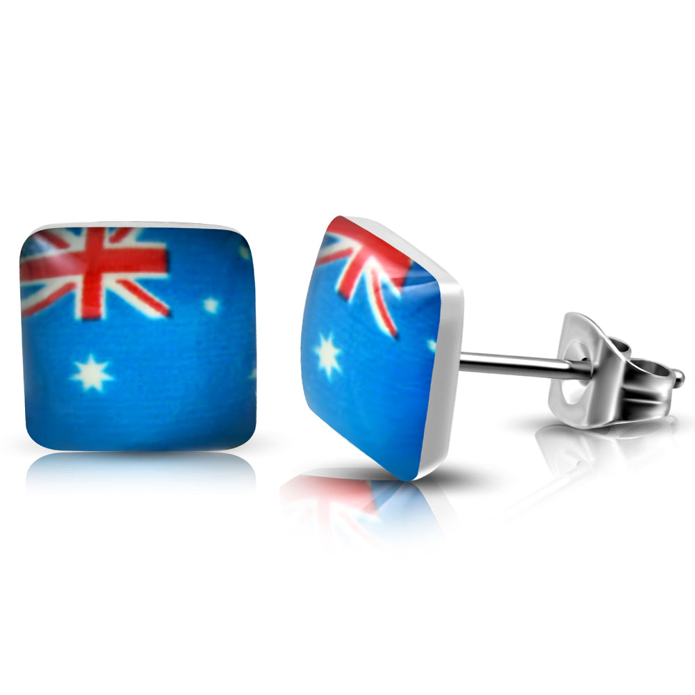 Stainless Steel Flag Of Australia Square Stud Earrings (Pair)