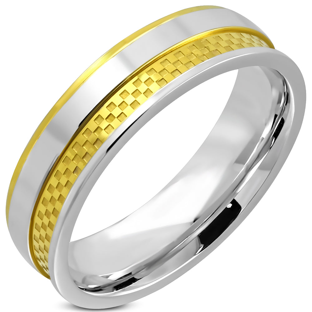 6mm | Stainless Steel 2­-tone Checker / Grid Comfort Fit  Wedding Band Ring
