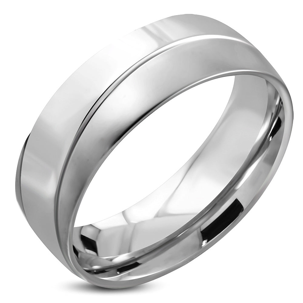 8mm | Stainless Steel Diagonal Striped Comfort Fit Half-Round Wedding Band Ring 
