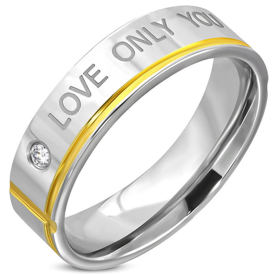 6mm | Stainless Steel 2-tone Affirmation-Love Comfort Fit Wedding Flat Band Ring w/ Clear