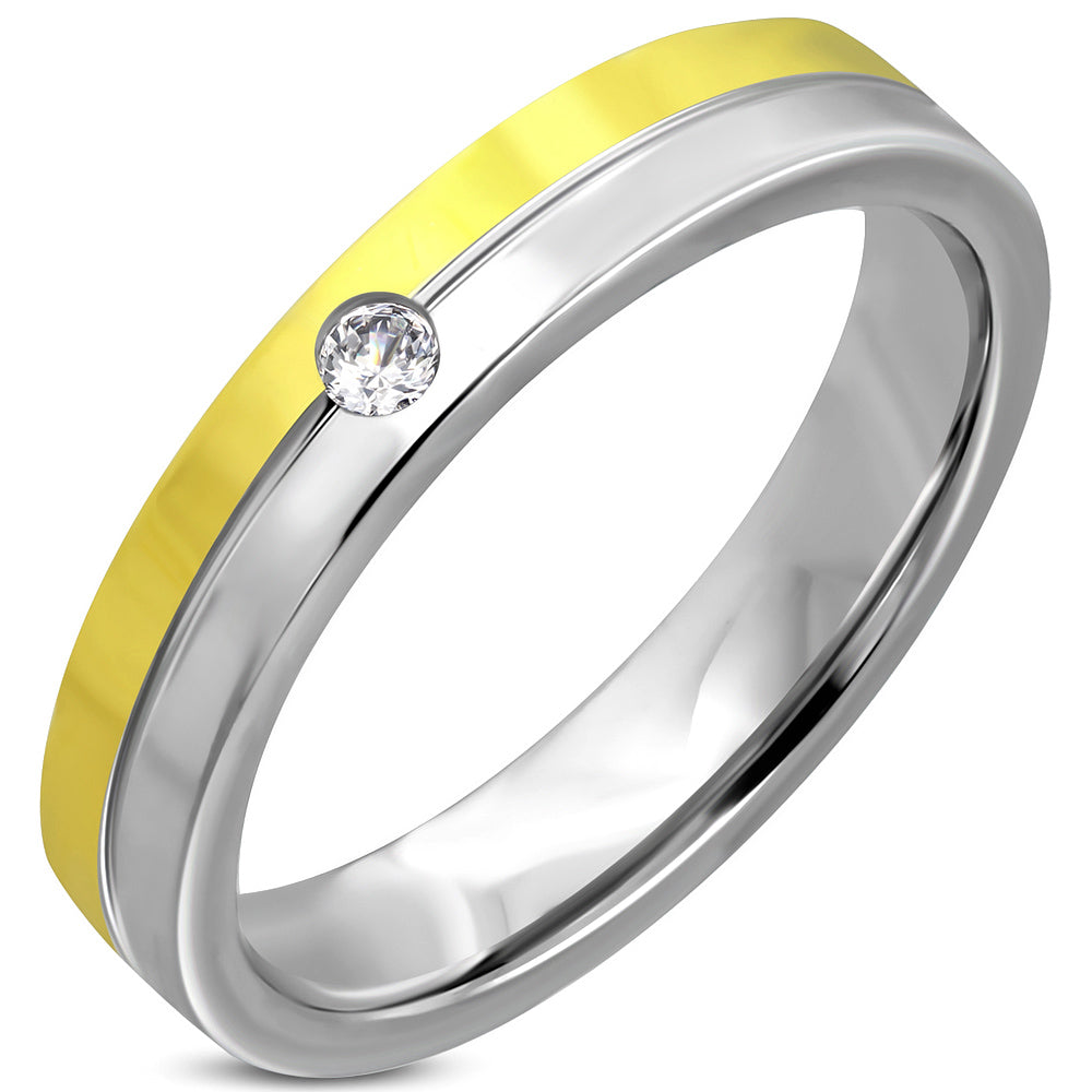 4.5mm | Stainless Steel 2-tone Center Grooved Comfort Fit Wedding Flat Band Ring w/ Clear
