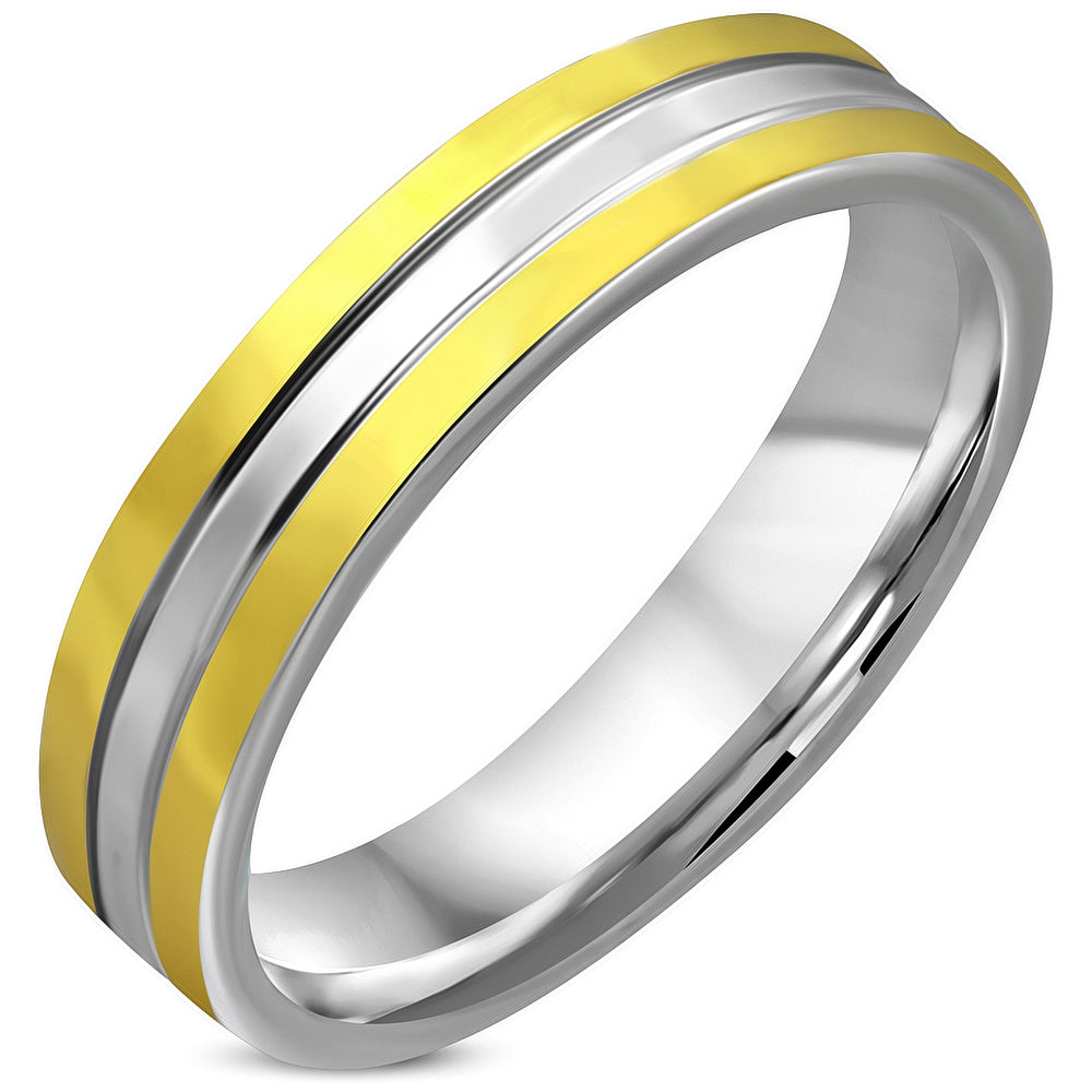 5mm | Stainless Steel 2-tone Grooved Striped Comfort Fit Wedding Flat Band Ring
