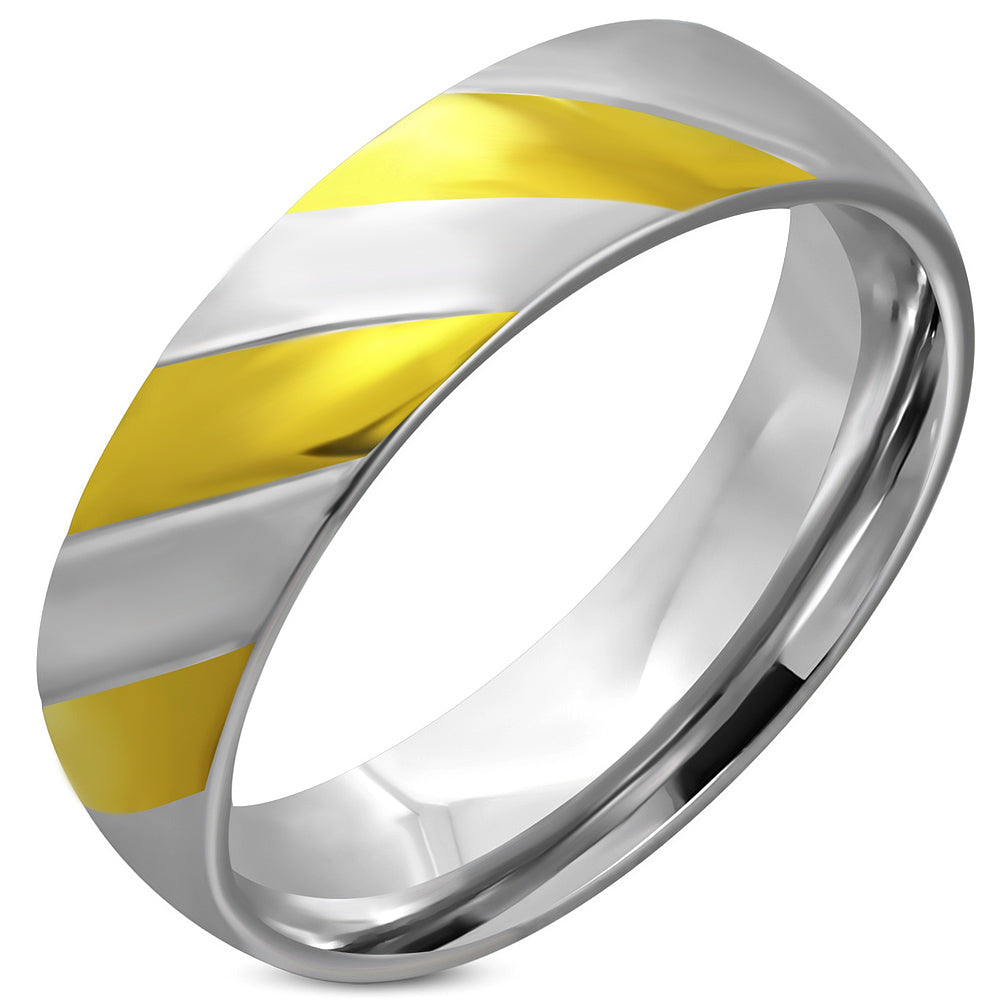 6mm | Stainless Steel 2-tone Diagonal Striped Half-Round Comfort Fit Band Ring