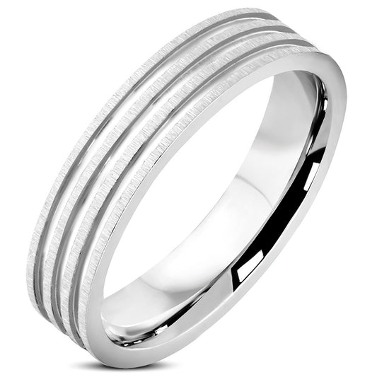 5mm | Stainless Steel Satin Finished Grooved Striped Comfort Fit Wedding Flat Band Ring