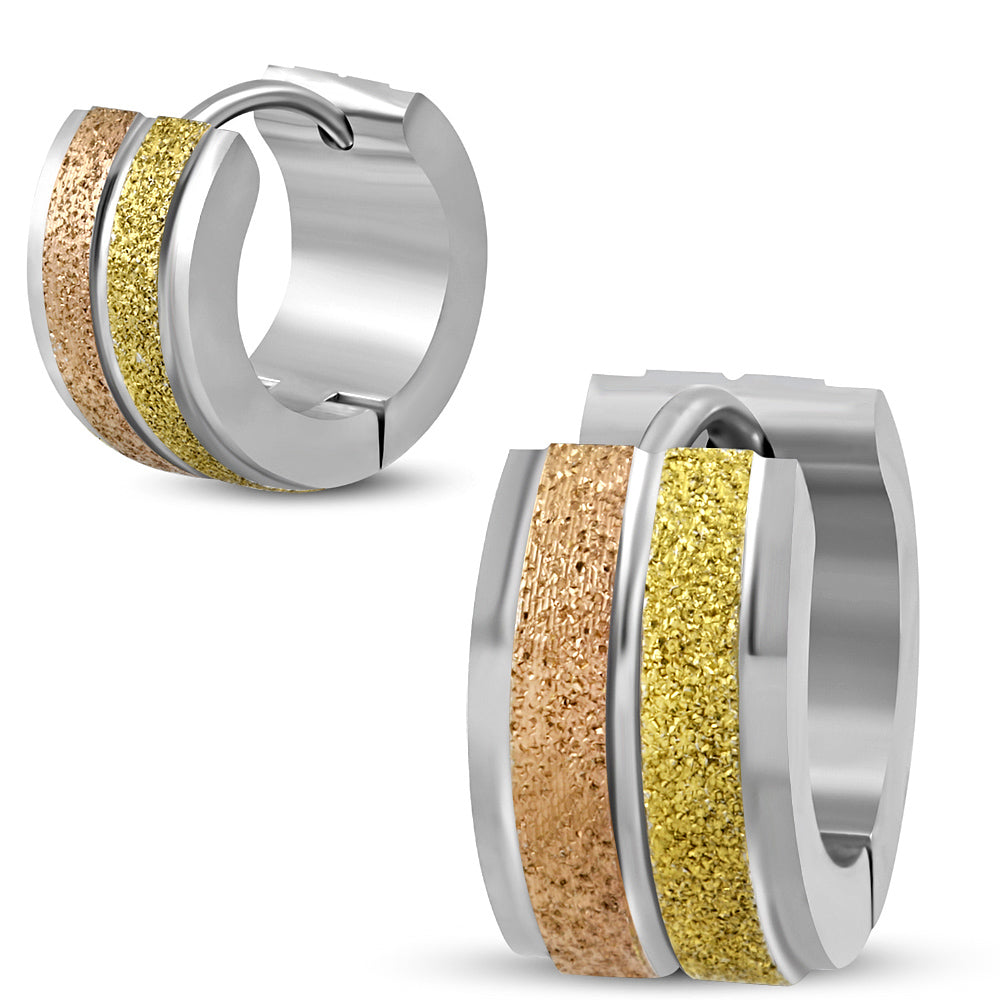 7mm | Stainless Steel 3-tone Sandblasted Stripe Grooved Step Edge Hoop Huggie Earrings (Pair)