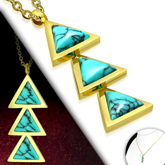 Gold Color Plated Stainless Steel Triple Triangle Link Charm Chain Necklace w/ Turquoise Stone