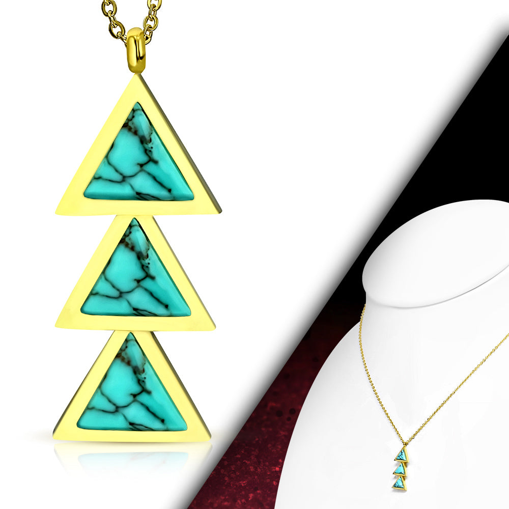 Gold Color Plated Stainless Steel Triple Triangle Link Charm Chain Necklace w/ Turquoise Stone