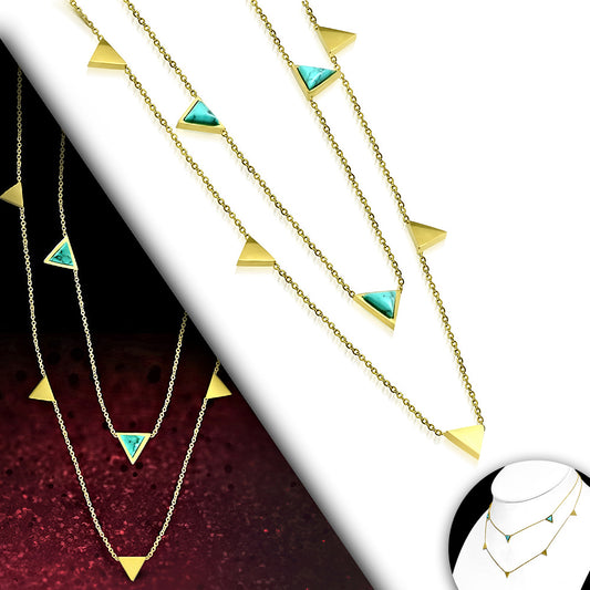 Gold Color Plated Stainless Steel Triangle Link Double Strand Chain Necklace w/ Turquoise Stone