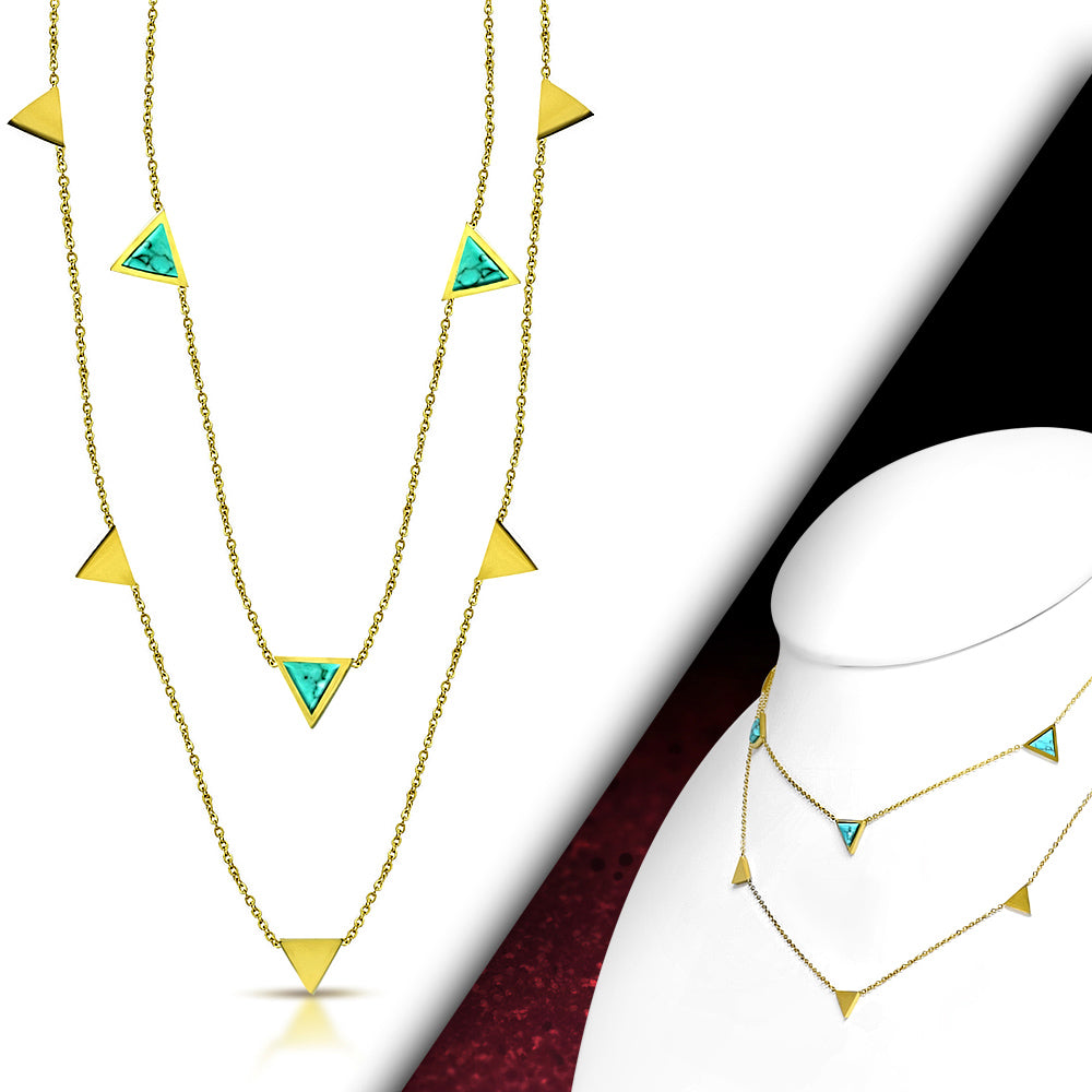 Gold Color Plated Stainless Steel Triangle Link Double Strand Chain Necklace w/ Turquoise Stone
