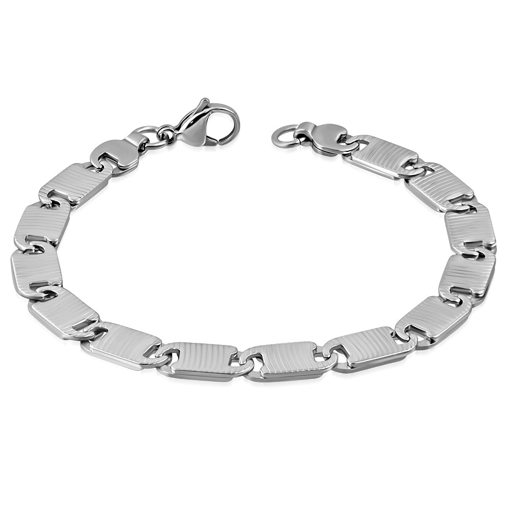 Stainless Steel Lobster Claw Clasp Closure Grooved Flat Oval Link Bracelet