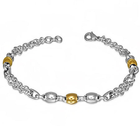 Stainless Steel Lobster Claw Clasp Closure 2-tone Barrel Beads Double Strand Link Chain Bracelet