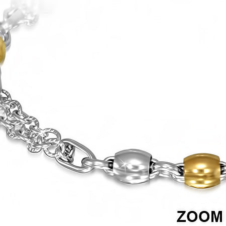 Stainless Steel Lobster Claw Clasp Closure 2-tone Barrel Beads Double Strand Link Chain Bracelet