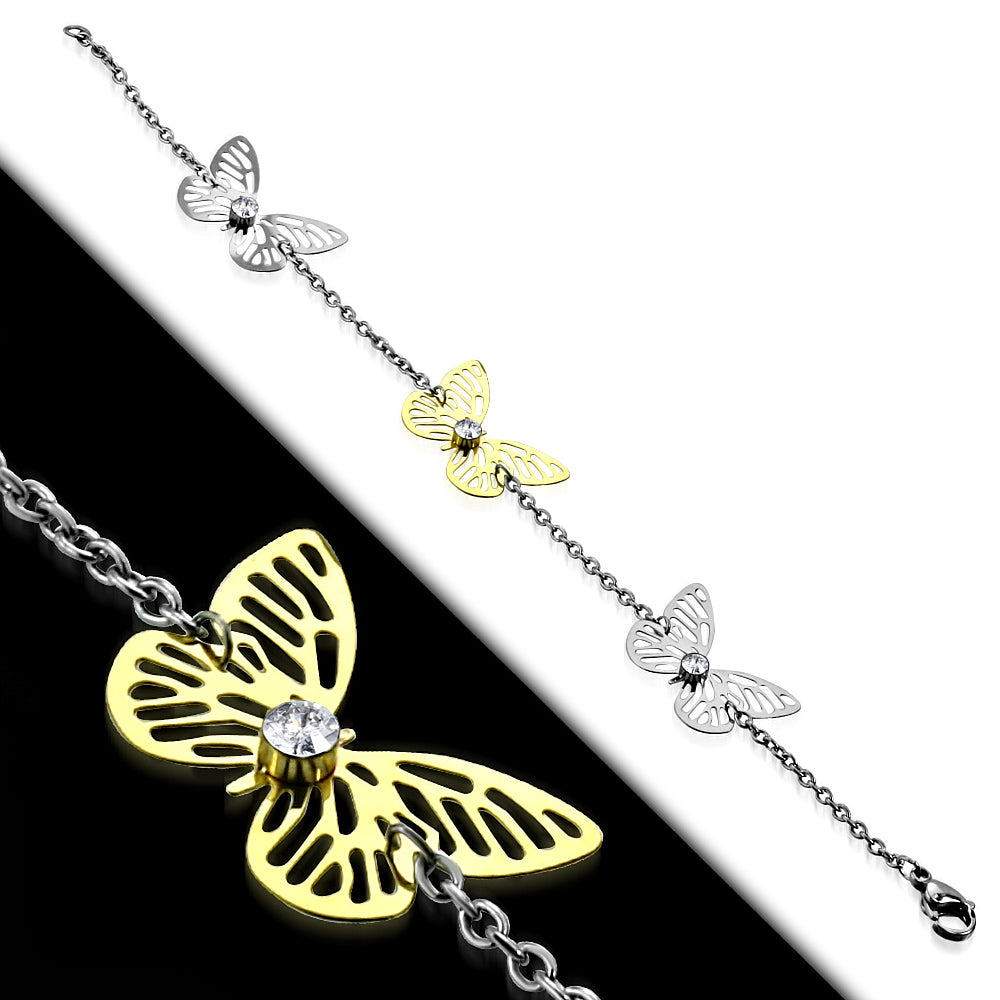 Stainless Steel 2-tone Trio Filigree Butterfly Women Bracelet w/ Clear CZ