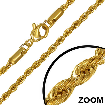 L45cm W3mm | Gold Color Plated Stainless Steel Lobster Claw Clasp Braided Rope Link Chain