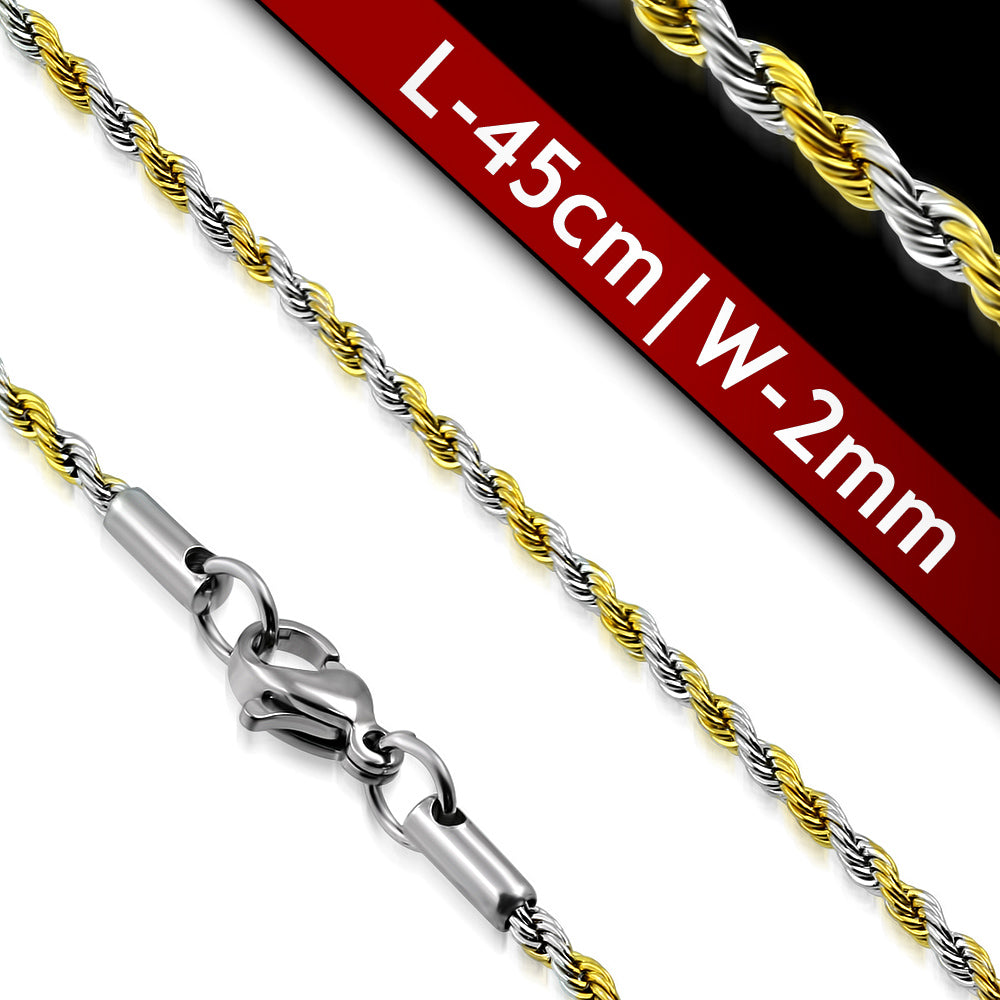 L45cm W2mm | Stainless Steel 2-tone Lobster Claw Clasp Braided Rope Link Chain