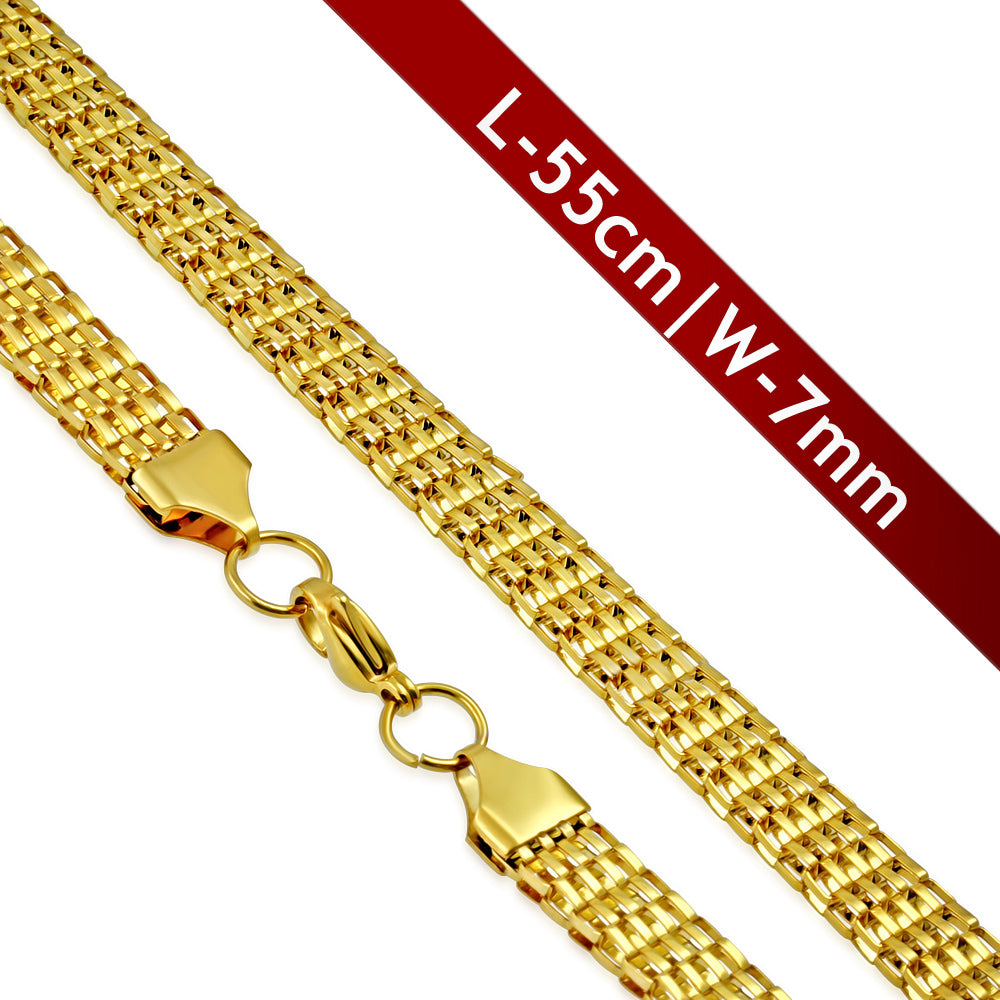 L55cm W7mm | Gold Color Plated Stainless Steel Lobster Claw Clasp Flat Mesh Link Chain