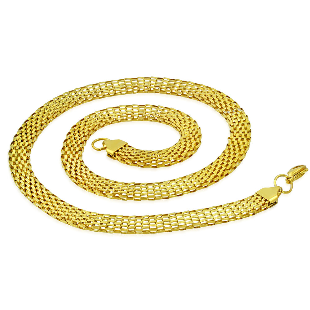 L55cm W7mm | Gold Color Plated Stainless Steel Lobster Claw Clasp Flat Mesh Link Chain