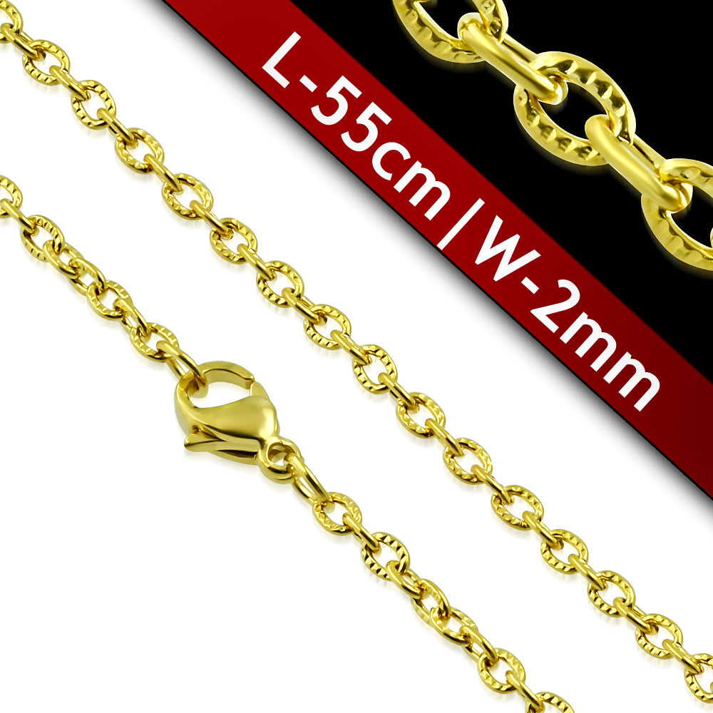 L55cm W2mm | Gold Color Plated Stainless Steel Lobster Claw Clasp Grooved Oval Link Chain