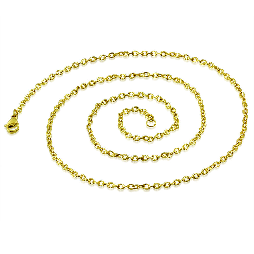 L55cm W2mm | Gold Color Plated Stainless Steel Lobster Claw Clasp Grooved Oval Link Chain