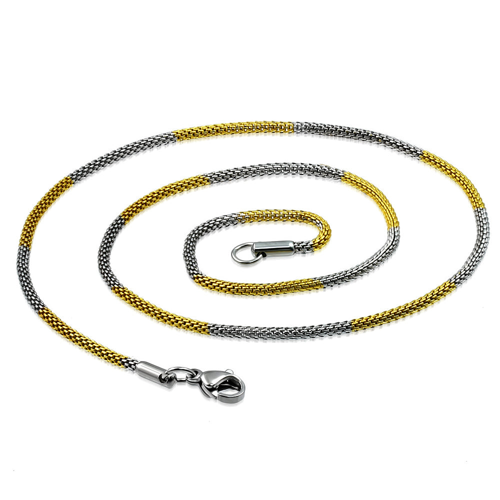 L-44cm W-2mm | Stainless Steel 2-tone Lobster Claw Clasp Round Mesh Link Chain