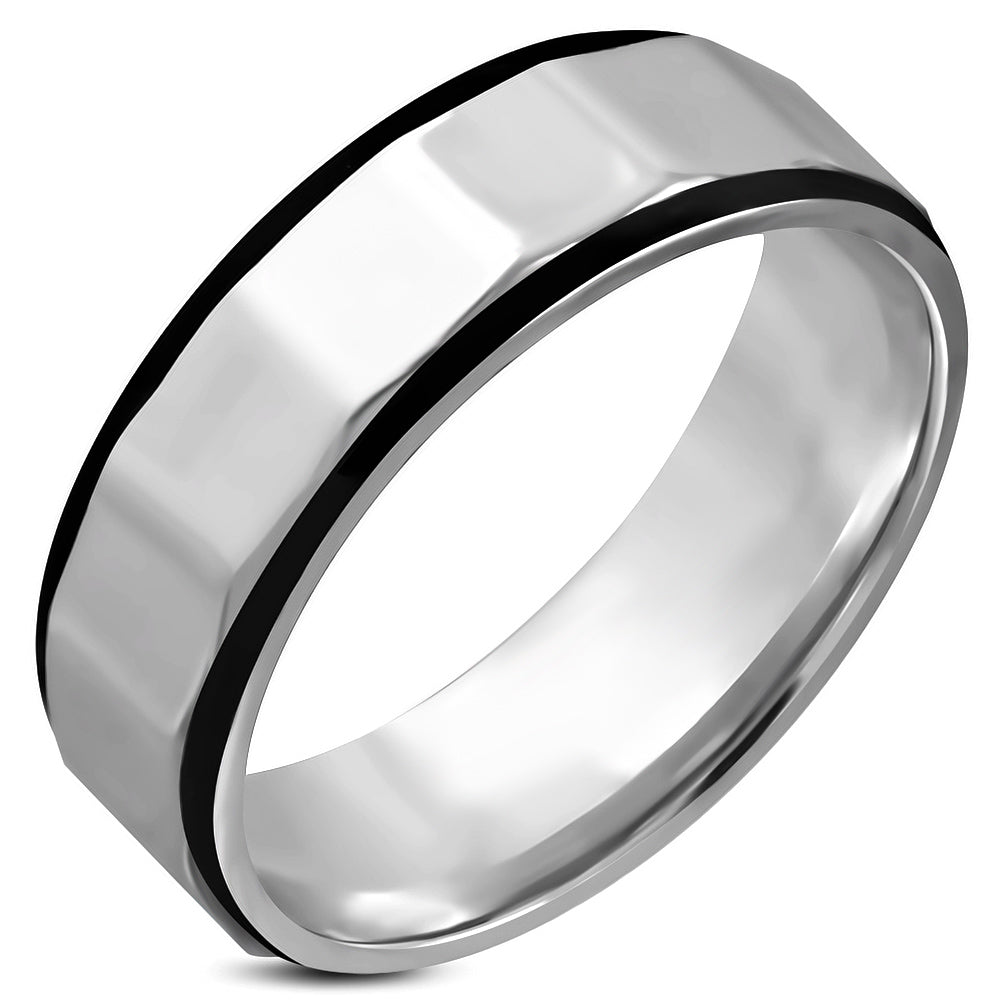 7mm | Stainless Steel 2­-tone Faceted Comfort Fit Wedding Flat Band Ring