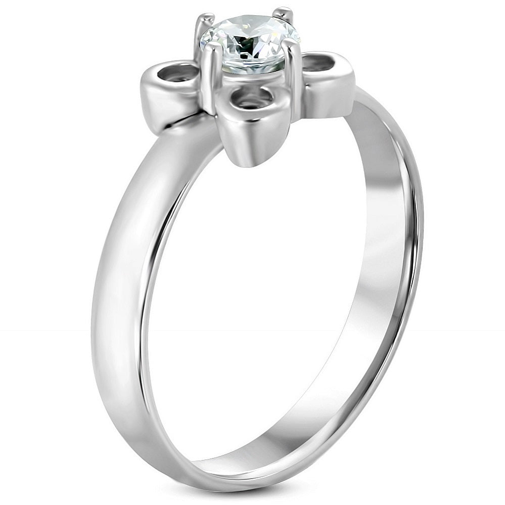 Stainless Steel Prong-­Set Flower  Fancy Ring w/ Clear CZ ­