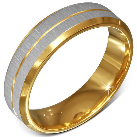 6mm | Gold Color Plated  Stainless Steel Satin Finished 2­-tone Beveled Edge Comfort Fit  Half­-Round Band Ring ­