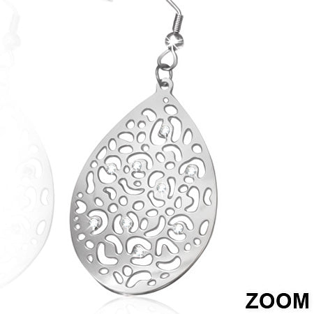 6x2.4cm Stainless Steel Filigree Spiral Vine Teardrop Hook Earrings w/ Clear CZ (pair)