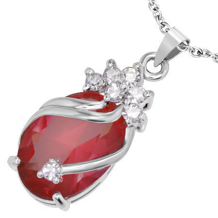 Fashion Alloy Crystal Flower Vine Oval Charm Pendant w/ Faceted Clear & Red CZ