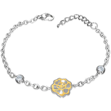 Stainless Steel Lobster Claw Clasp Closure 2-tone Sandblasted Rose Flower Circle Link Chain Bracelet/ Anklet w/ Clear CZ