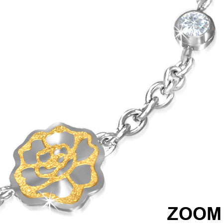 Stainless Steel Lobster Claw Clasp Closure 2-tone Sandblasted Rose Flower Circle Link Chain Bracelet/ Anklet w/ Clear CZ